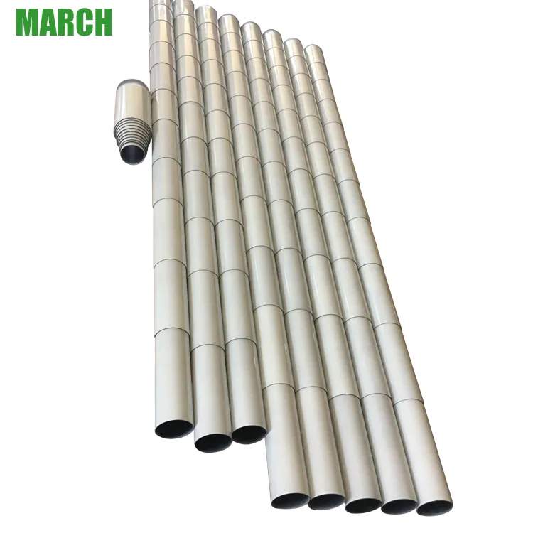 Silver-finish telescopic tube sections arranged by diameter with a threaded end fitting